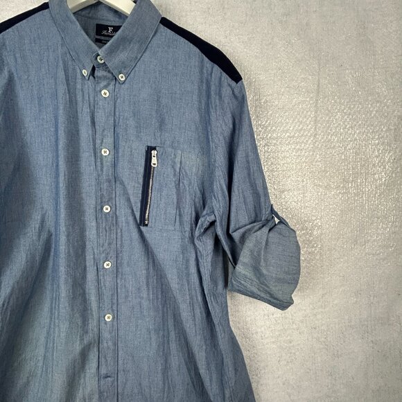 Faconnable Shirt Mens L Chambray Contempory Blue Corduroy Yoke Roll Tab Sleeve - Picture 5 of 16